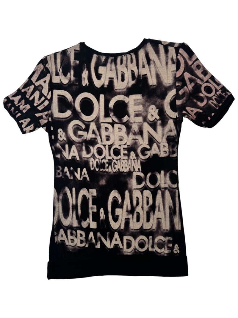 Vintage 2000s Y2K Dolce & Gabbana Black & Beige Bedazzled Rhinestone Graphic Short Sleeve Logo Tee | Size M-L