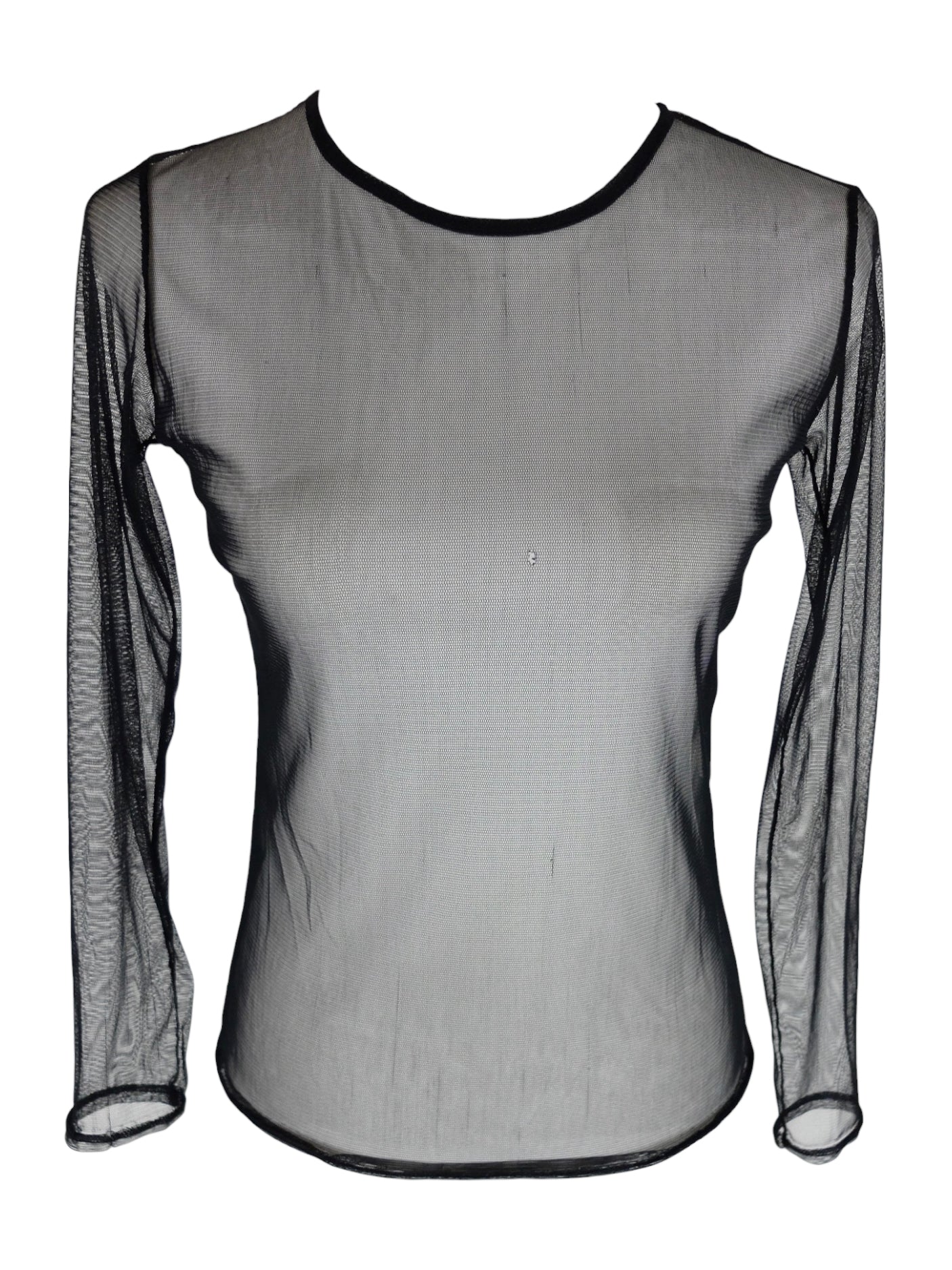 Vintage 2000s Y2K Grunge Gothic Black Sheer Scoop Neck Long Sleeve Mesh Top | Size S-M