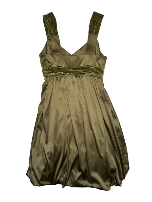 Vintage 2000s GALLIANO Silk Blend Moss Green Balloon Above-the-Knee Bubble Dress with Velvet Detail | Size XS-S