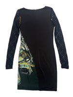 Vintage 2000s Y2K Save The Queen Dark Green & Black Abstract Print Above-the-Knee Long Sleeve Mini Dress with Lace Detail | Size L