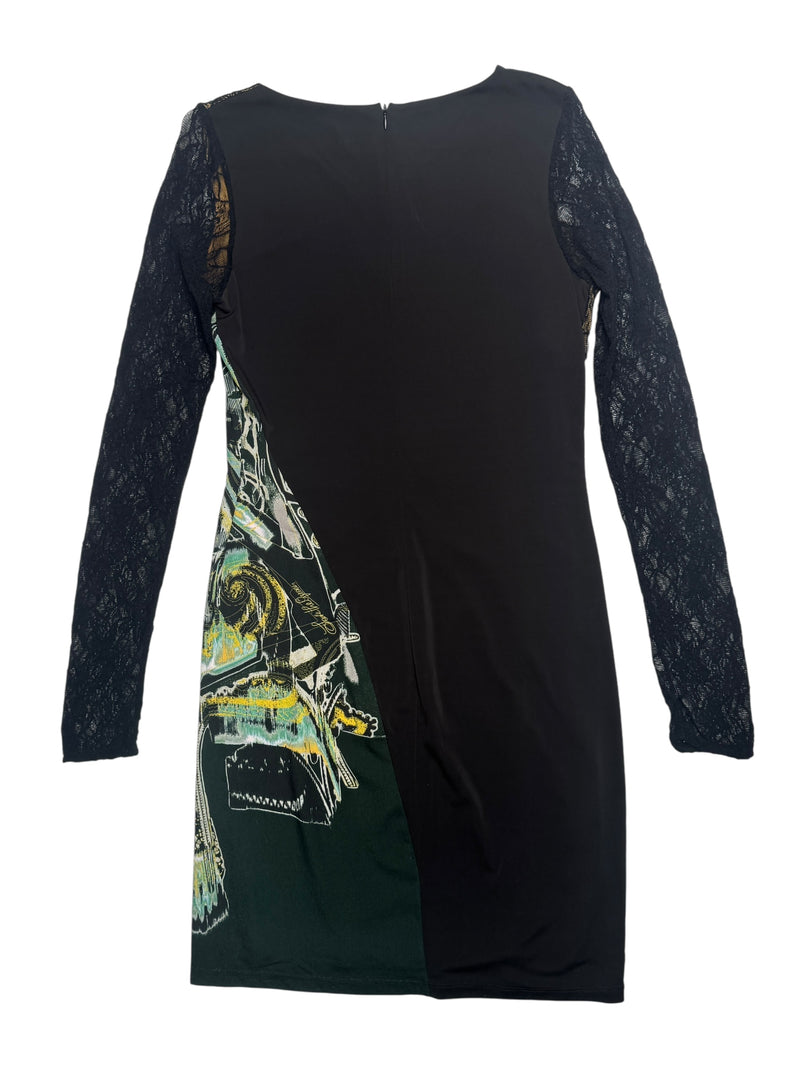 Vintage 2000s Y2K Save The Queen Dark Green & Black Abstract Print Above-the-Knee Long Sleeve Mini Dress with Lace Detail | Size L