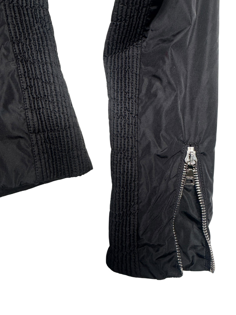 Vintage 2000s Y2K Prada Black Moto Nylon Fitted Utility Track Windbreaker Jacket with Ruffle Detail | Size XXS