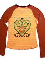 Vintage 2000s Y2K Custo Barcelona Orange Long Sleeve Abstract Graphic Print V-Neck Shirt with Glitter Sleeves | Size S