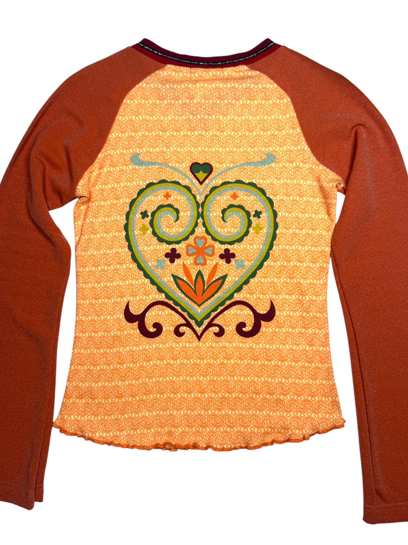 Vintage 2000s Y2K Custo Barcelona Orange Long Sleeve Abstract Graphic Print V-Neck Shirt with Glitter Sleeves | Size S