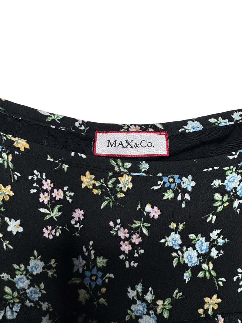 Vintage 2000s Y2K Max & Co Bohemian Chic Black Blue Floral High Waisted Above-the-Knee Chiffon A-Line Circle Skirt | Size M