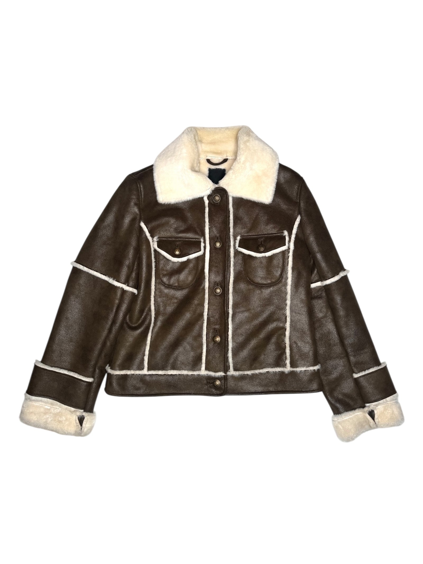 Vintage 2000s Y2K Bohemian Brown Utilitarian Faux Leather Collared Button Down Jacket With Faux Fur Lining | Size M