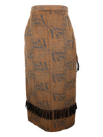 Vintage 2000s Y2K Wool Blend Rust Orange & Black Abstract Patterned Blanket Wrap Floor Length Maxi Skirt with Fringe | 26 Inch Waist