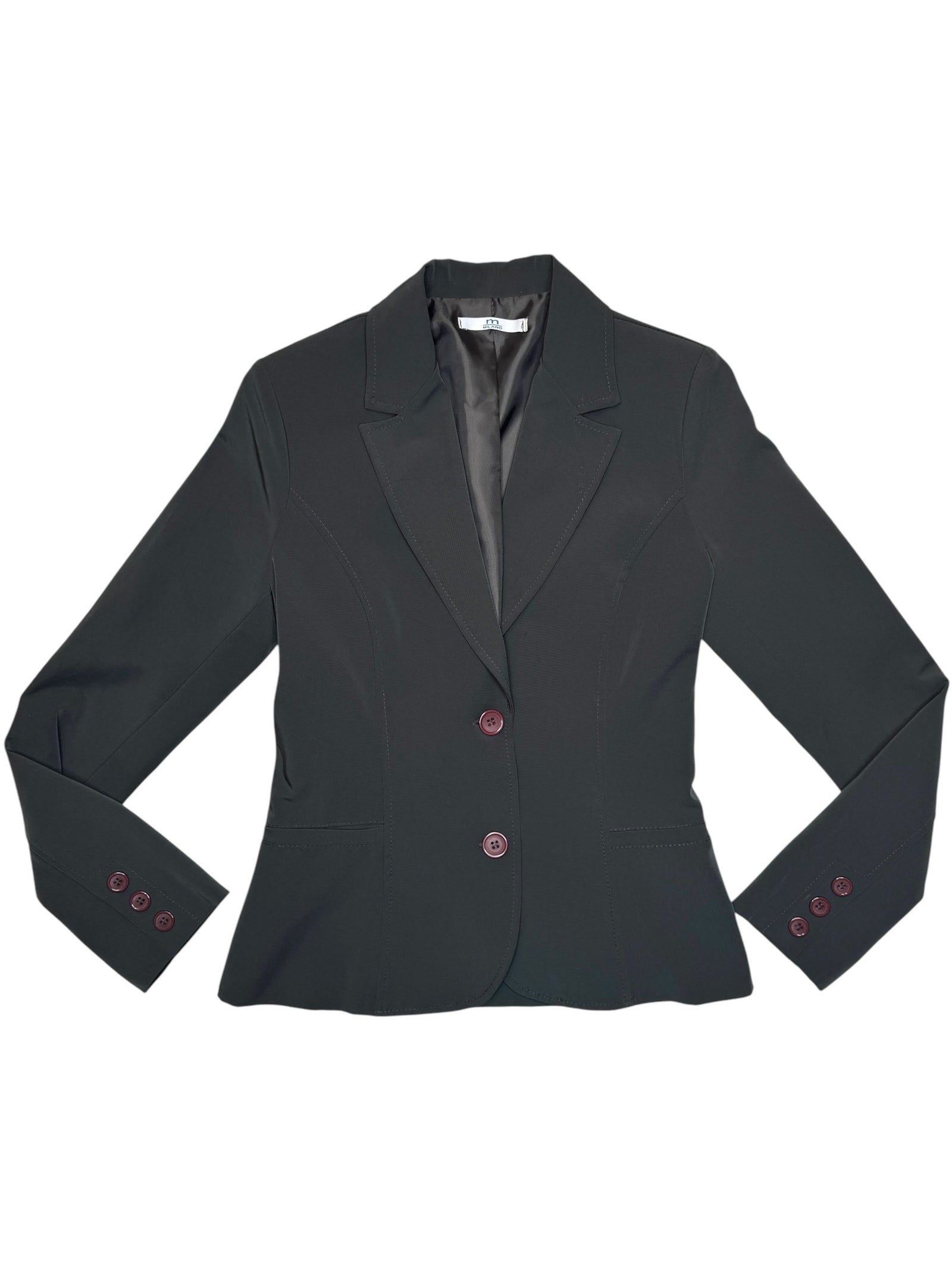 A dark charcoal gray tailored blazer with notched lapels, two front buttons, and matching button details on the cuffs, shown flat against a white background.