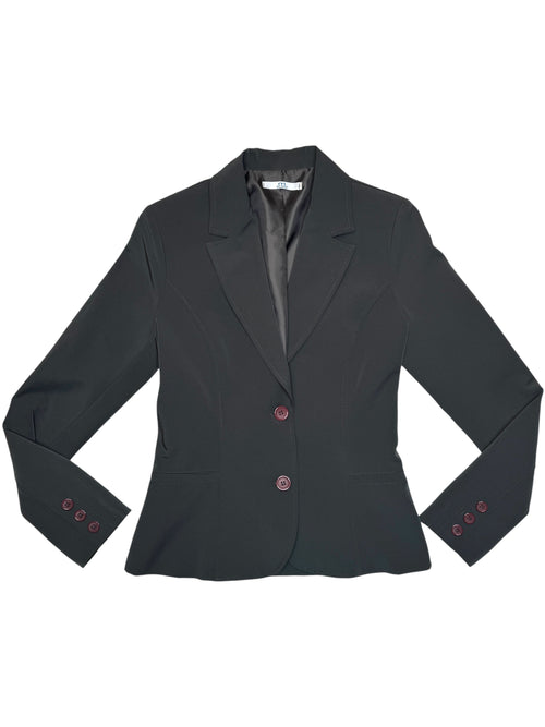 A dark charcoal gray tailored blazer with notched lapels, two front buttons, and matching button details on the cuffs, shown flat against a white background.