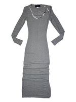 Vintage 90s TRIPP NYC Subversive Grey Knit Stretch Long Sleeve Floor Length Maxi Dress with Side Slit | Size M