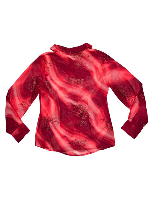 Vintage 2000s Red Glitter Abstract Semi-Sheer Long Sleeve Button Up Top | Size S-M