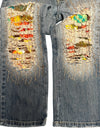 Vintage 2000s Y2K Bohemian Grunge Low Mid Rise Ripped Faded Denim Straight Leg Slim Jeans With Floral Patchwork Detail | 28 Inch Waist