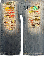 Vintage 2000s Y2K Bohemian Grunge Low Mid Rise Ripped Faded Denim Straight Leg Slim Jeans With Floral Patchwork Detail | 28 Inch Waist
