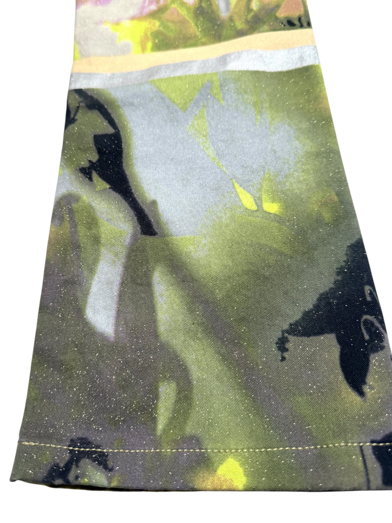 Vintage 2000s Y2K Just Cavalli Bohemian Grunge Mid-Rise Bright Green & Purple Abstract Floral Straight Leg Glitter Jeans | 28 Inch Waist