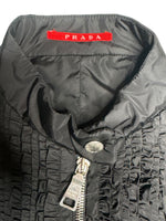 Vintage 2000s Y2K Prada Black Moto Nylon Fitted Utility Track Windbreaker Jacket with Ruffle Detail | Size XXS