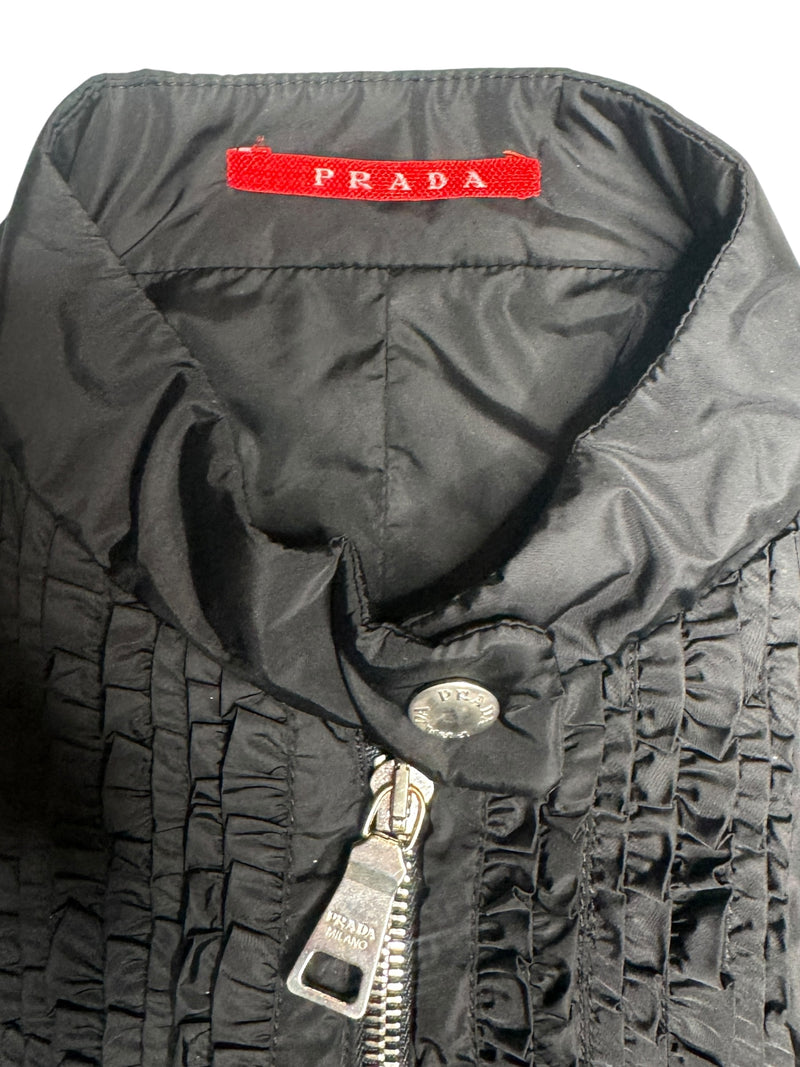 Vintage 2000s Y2K Prada Black Moto Nylon Fitted Utility Track Windbreaker Jacket with Ruffle Detail | Size XXS