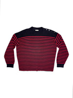 AW13 SAINT LAURENT by Hedi Slimane Black Red Striped Cotton Wool Blend Knit Crew Neck Sweater with Shoulder Buttons | Men’s Size XL