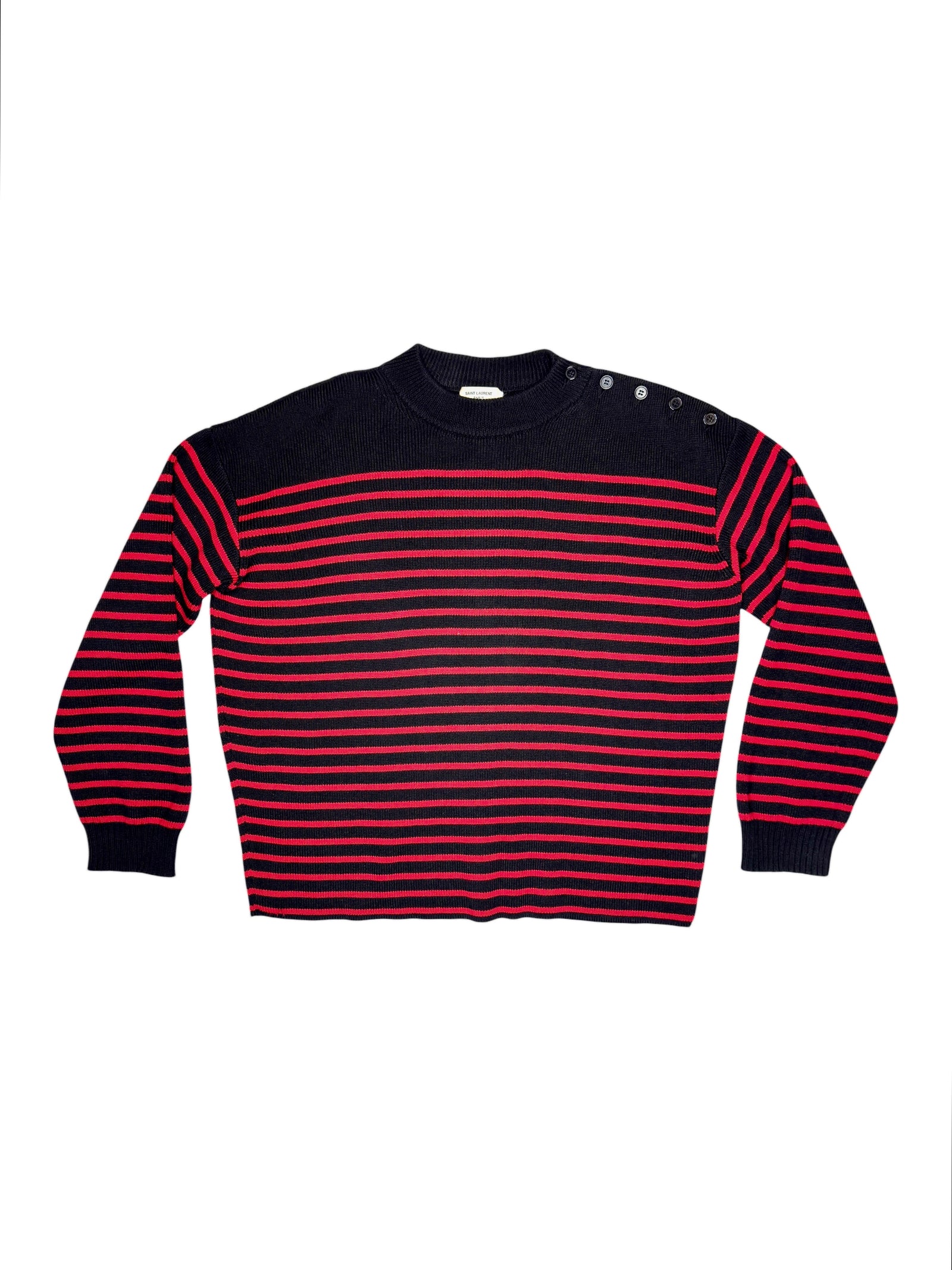AW13 SAINT LAURENT by Hedi Slimane Black Red Striped Cotton Wool Blend Knit Crew Neck Sweater with Shoulder Buttons | Men’s Size XL