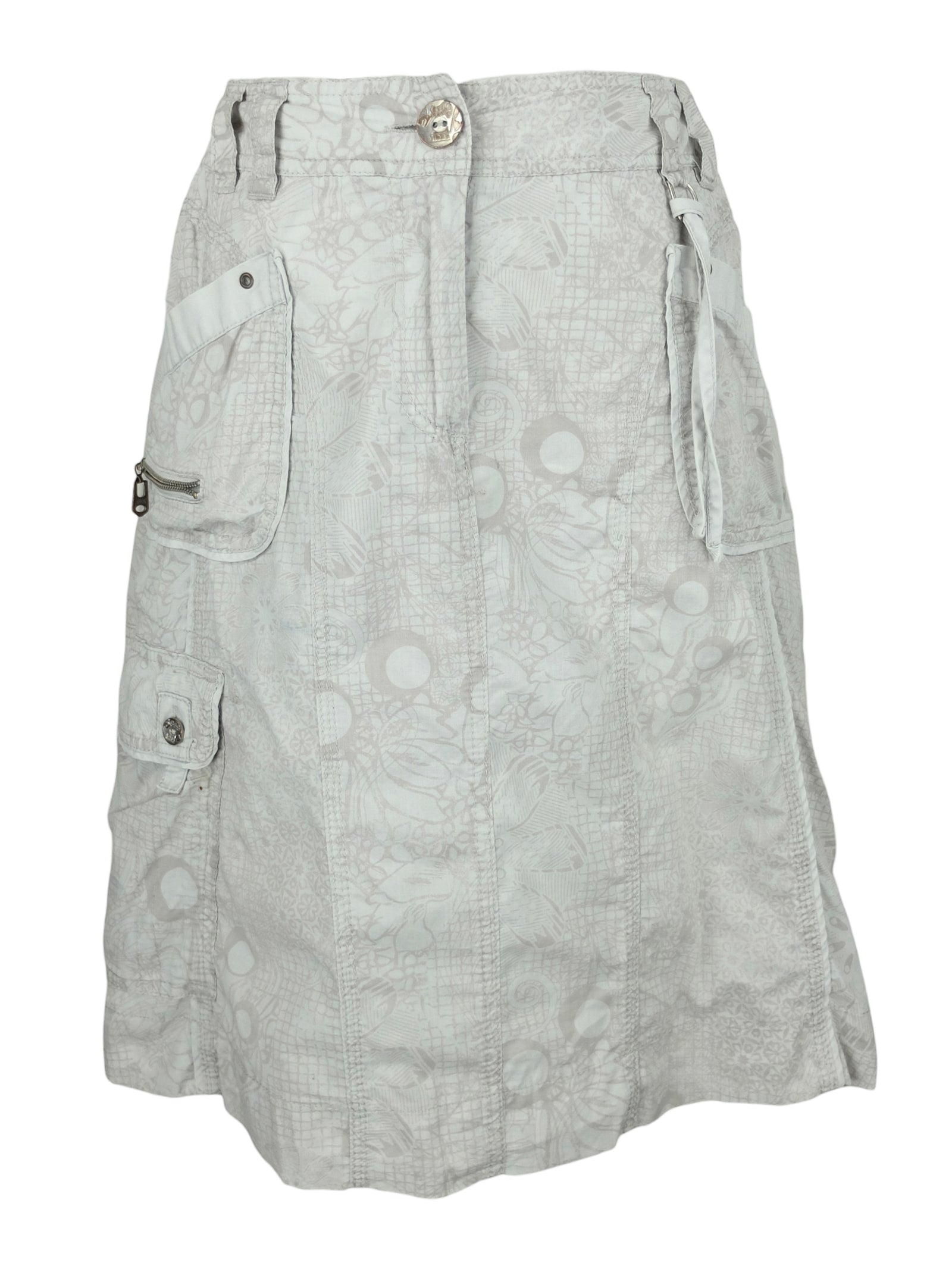 Vintage 2000s Y2K Low Rise Soft Grunge Subversive Utilitarian Khaki Beige Abstract Patterned Knee Length Cargo Skirt with Pockets| 31 Inch Waist