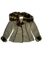 Vintage 2000s Olive Green Faux Fur Trim Snap Button Down Collared Jacket with Elasticated Waist Leather Trim & Embroidered Stitch Detail | Size L