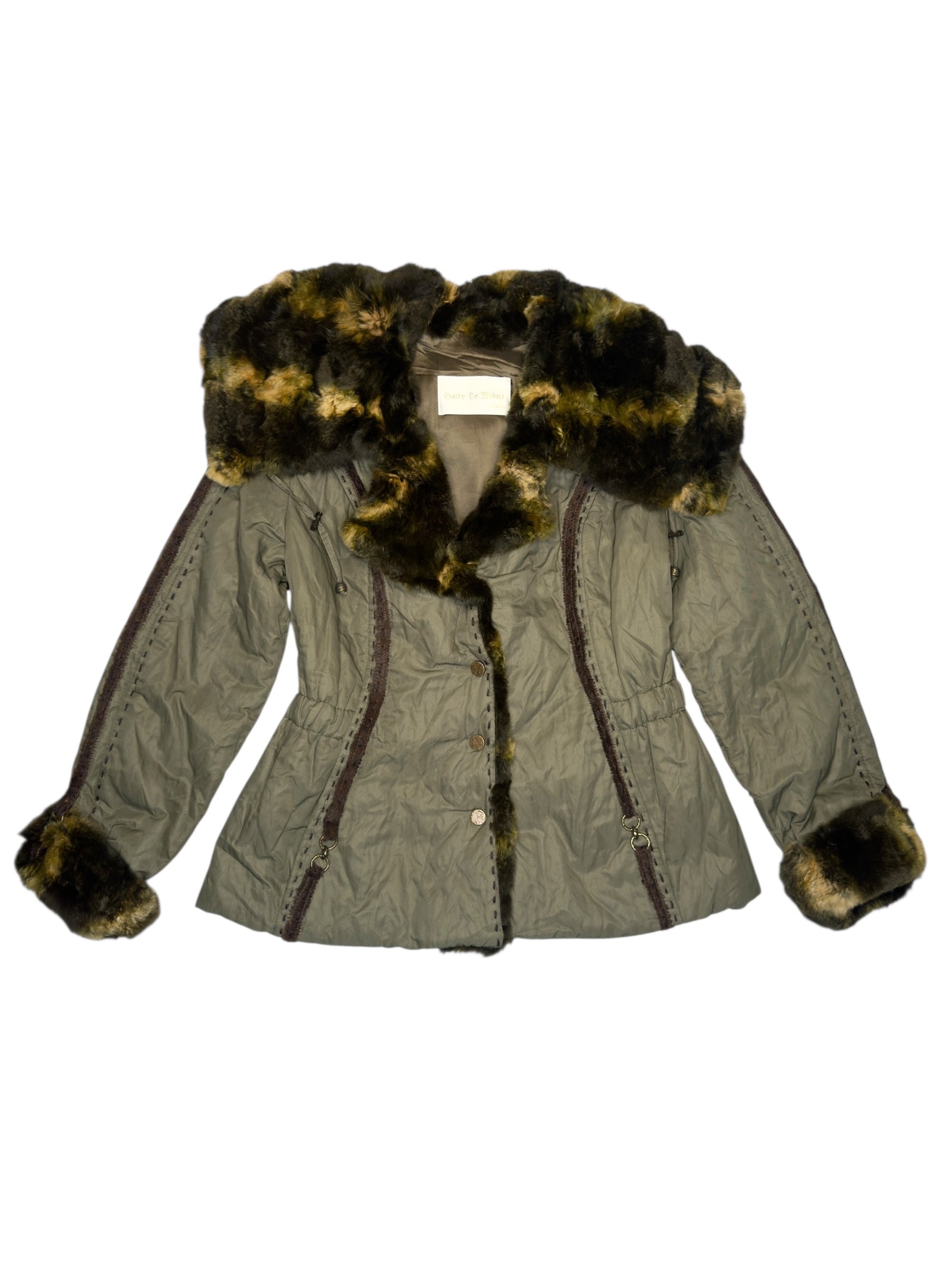 Vintage 2000s Olive Green Faux Fur Trim Snap Button Down Collared Jacket with Elasticated Waist Leather Trim & Embroidered Stitch Detail | Size L