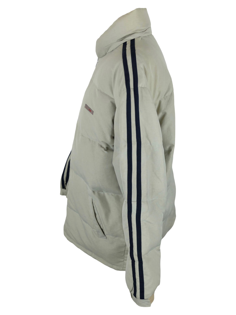Vintage 2000s Y2K Men’s Streetwear Utility Grey Beige High Neck Zip Up Striped Sleeve Winter Down Feather Puffer Jacket | Men’s Size XXL
