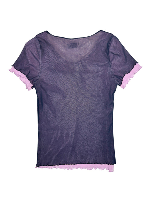 Vintage 2000s Purple Double Layered Short Sleeve Mesh Top with Lettuce Hem & Floral Detail | Size S