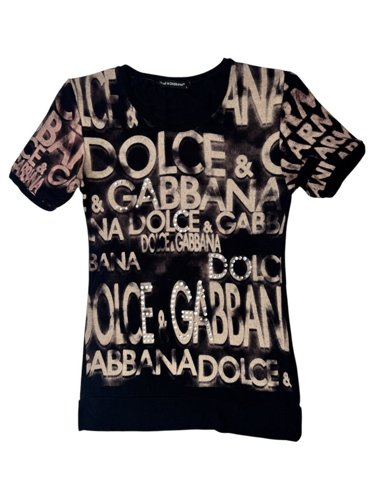Vintage 2000s Y2K Dolce & Gabbana Black & Beige Bedazzled Rhinestone Graphic Short Sleeve Logo Tee | Size M-L