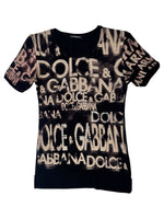 Vintage 2000s Y2K Dolce & Gabbana Black & Beige Bedazzled Rhinestone Graphic Short Sleeve Logo Tee | Size M-L