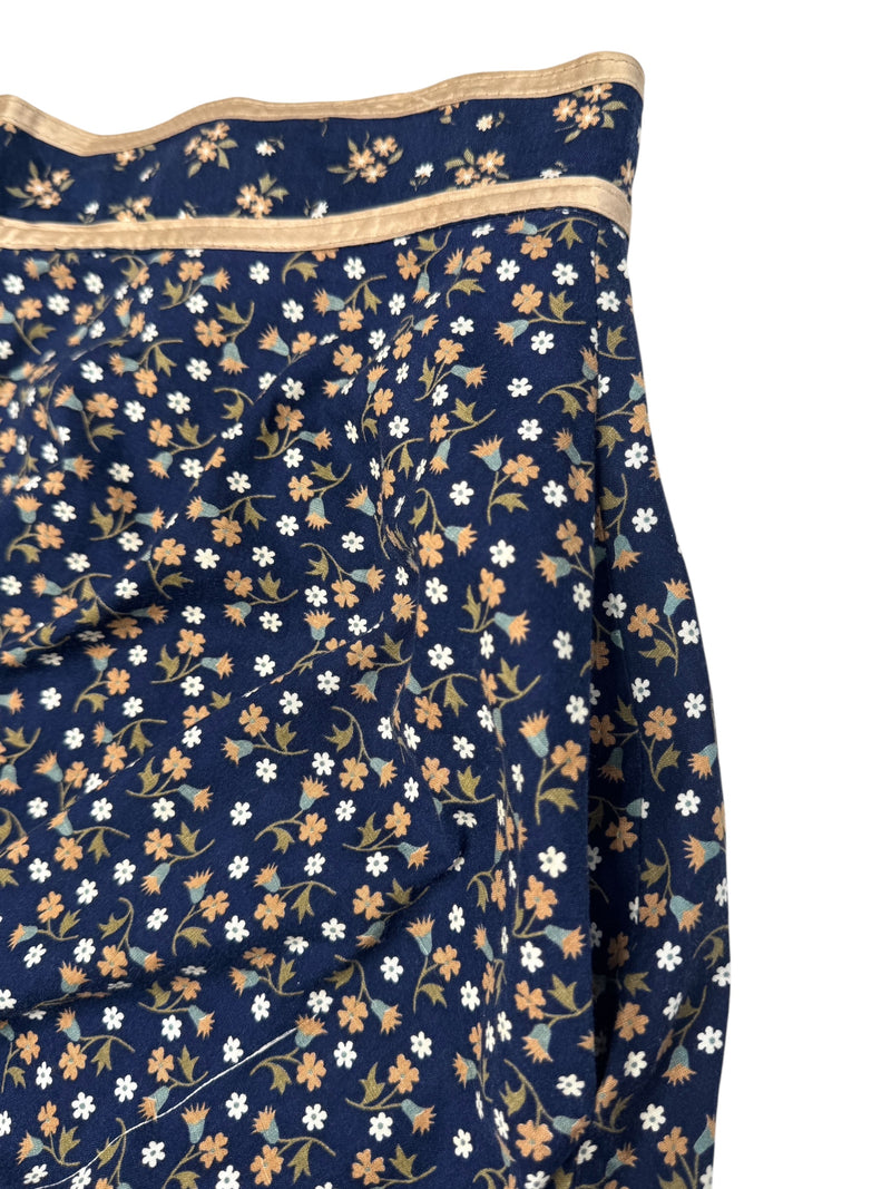 Vintage 70s Gunne Sax Bohemian Hippie Prairie Navy Blue Floral Ruffled Cotton Midi Peasant Skirt with Lace Trim | Size XXS-XS