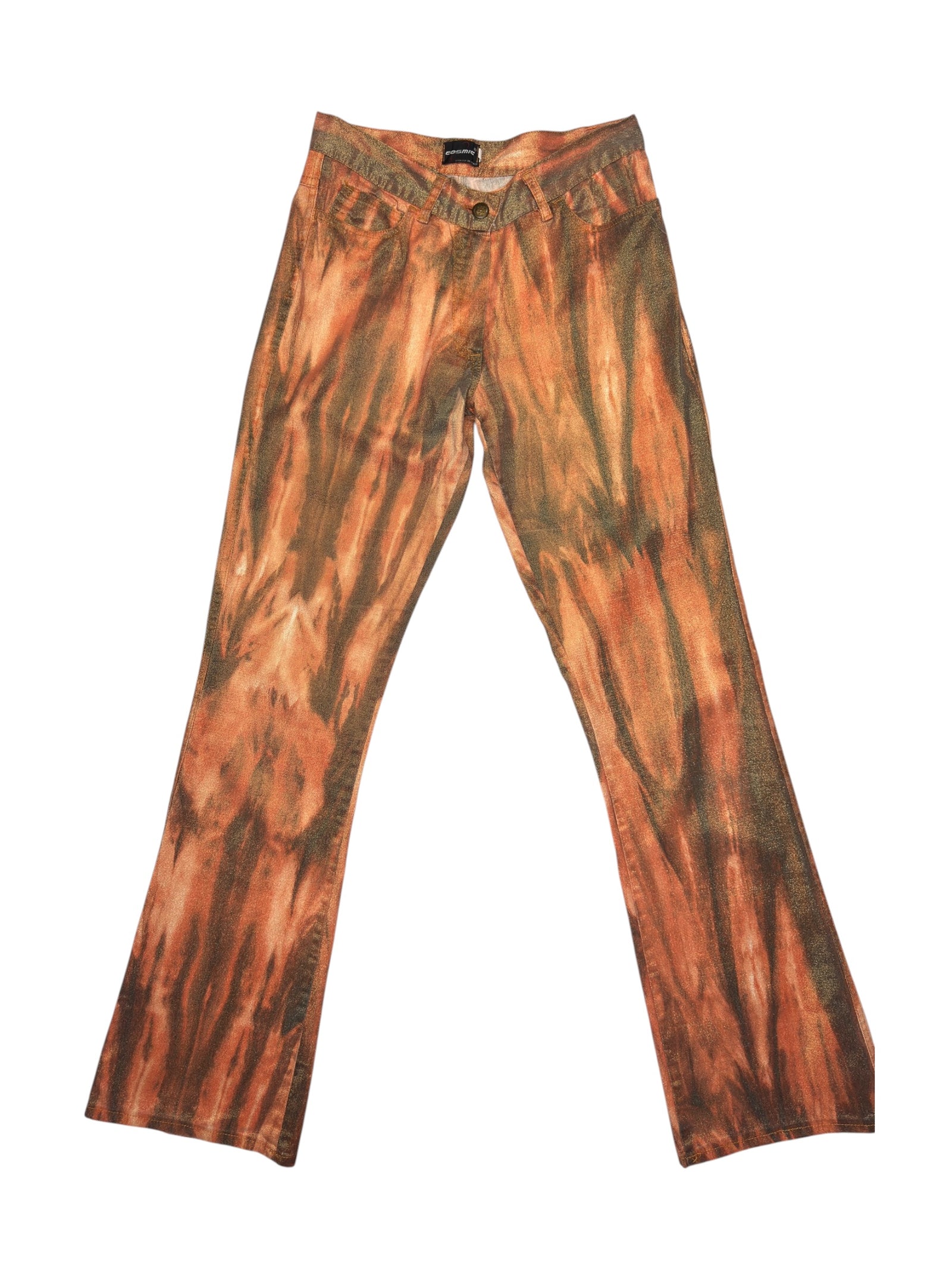 Vintage 2000s Low-Mid Rise Orange Metallic Abstract Patterned Sparkle Bootcut Trousers | Size XS