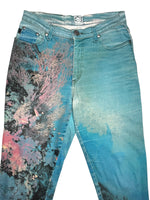 Vintage 90s 1999 Y2K Cavalli High Waisted Abstract Blue Coral Print Graphic Jeans | 28 Inch Waist