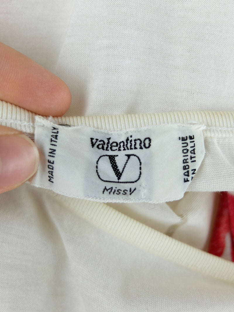 Vintage 2000s Y2K Miss V by Valentino Floral Red & White Short Sleeve Boxy T-Shirt Blouse | Size L