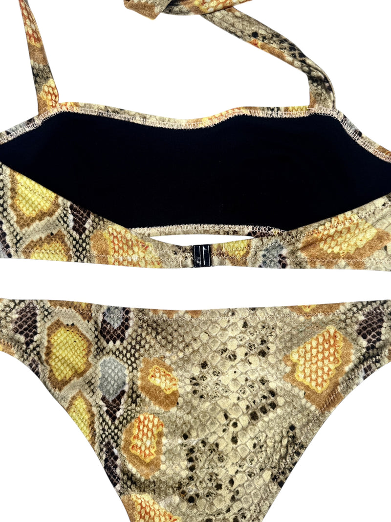 Vintage 2000s Y2K Galliano Snake Print Two Piece Bikini with Halter Top and Low-Rise Bottoms | Size XS