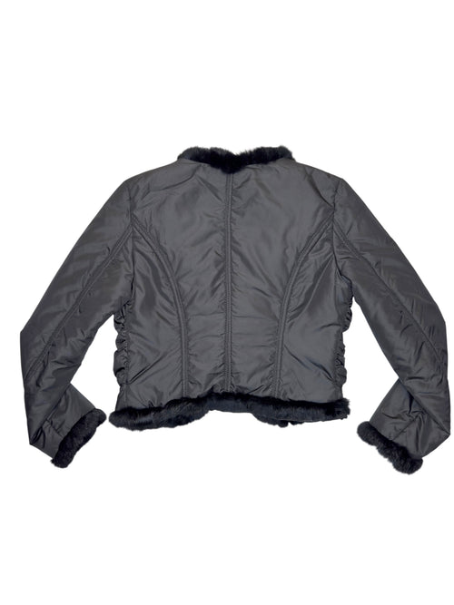 Vintage 2000s Black Padded Cropped Light Jacket with Faux Fur Trim & Ruched Rosette Detail | Size M