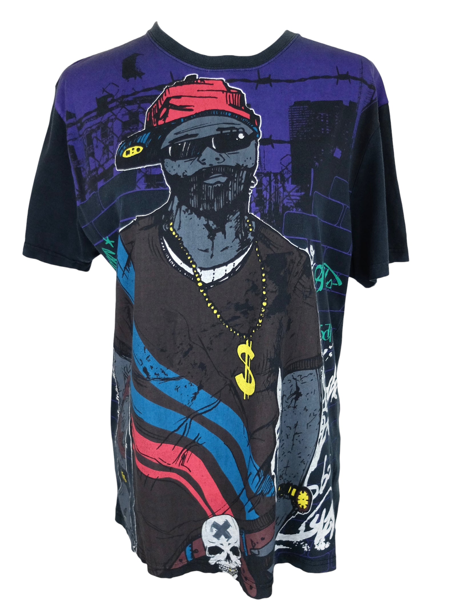 Vintage 2000s Y2K Fishbone Streetwear Hip Hop Style Black & Purple Graphic Print T-Shirt | Men’s Size L
