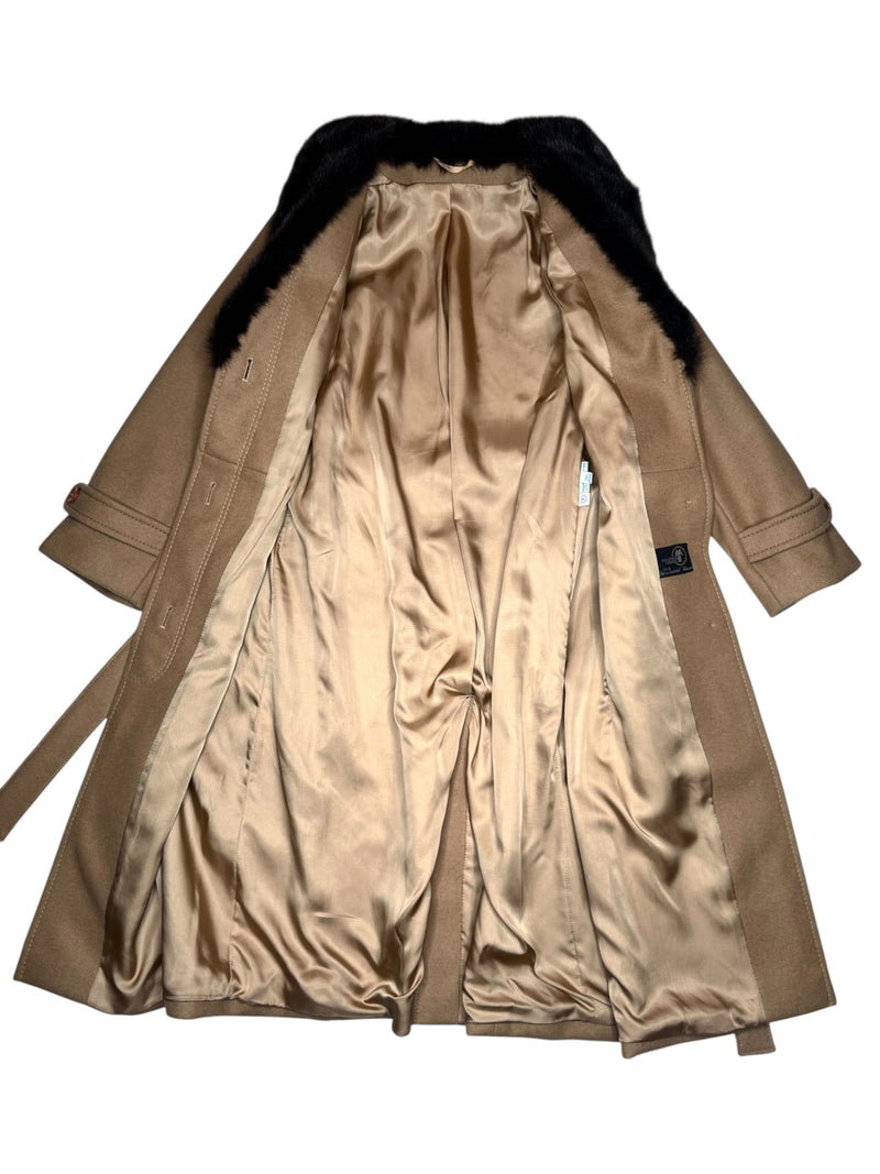 Vintage 70s Mod Bohemian Hippie Tan Button Down Trench Coat With Genuine Fur Trim & Tie Belt | Size S-M
