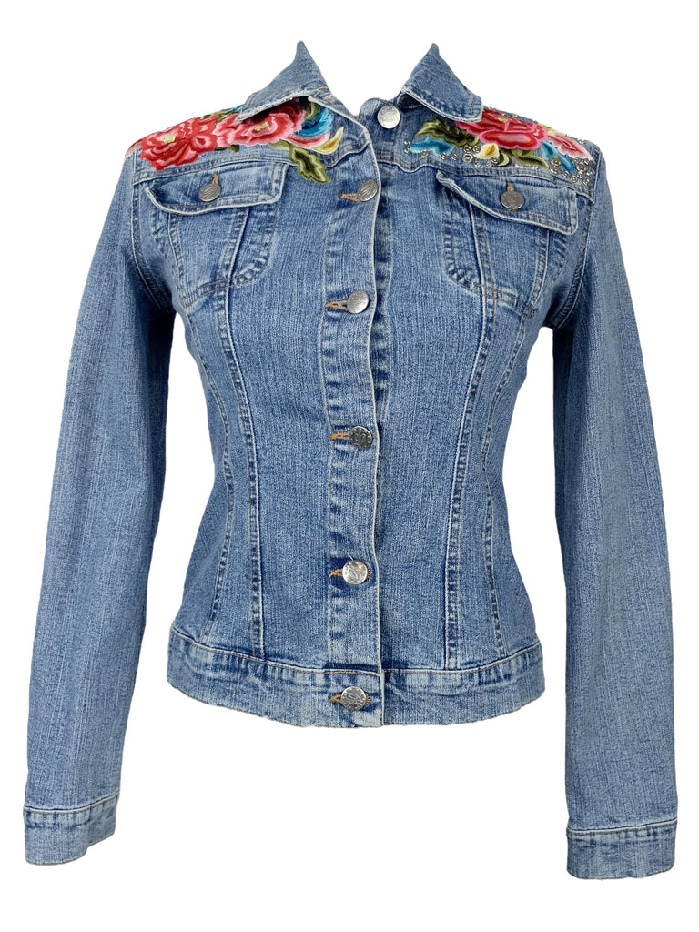 Vintage 2000s Y2K Blumarine Fitted Blue Denim Jacket with Studs & Floral Embroidery Detail  | Size XS