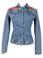 Vintage 2000s Y2K Blumarine Fitted Blue Denim Jacket with Studs & Floral Embroidery Detail  | Size XS