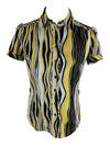 Vintage 90s Y2K Funky Chic Yellow & Black Abstract Patterned Collared Short Sleeve Button Up Blouse | Size S