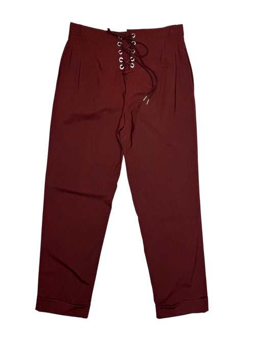Vintage 2000s JEAN PAUL GAULTIER Femme Wool High Waisted Maroon Tapered Trousers with Back Lace Detail | Size S