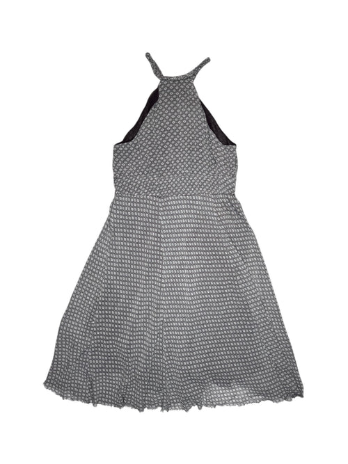 Vintage 2000s MICHAEL KORS Silk Blue & Brown Geometric Print High Halter Keyhole Neckline Midi Dress with Raw Hem | Size S