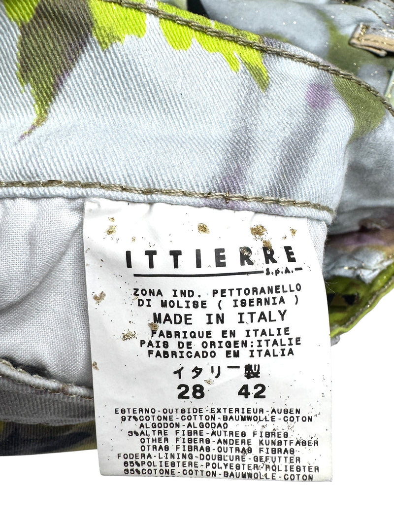 Vintage 2000s Y2K Just Cavalli Bohemian Grunge Mid-Rise Bright Green & Purple Abstract Floral Straight Leg Glitter Jeans | 28 Inch Waist
