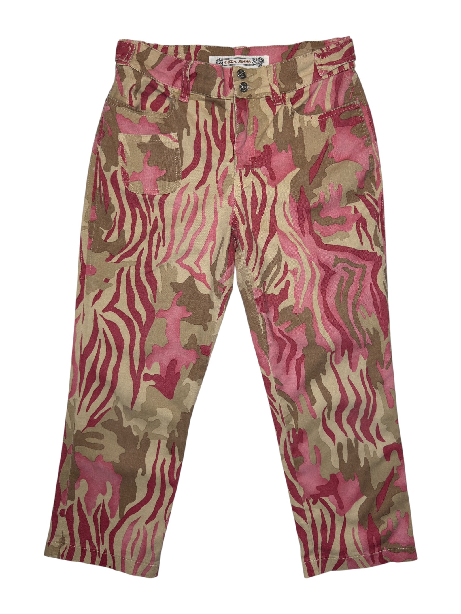 Vintage 2000s KRIZIA Denim Low-to-Mid Rise Pink & Brown Camouflage Capri Trousers | Size XS