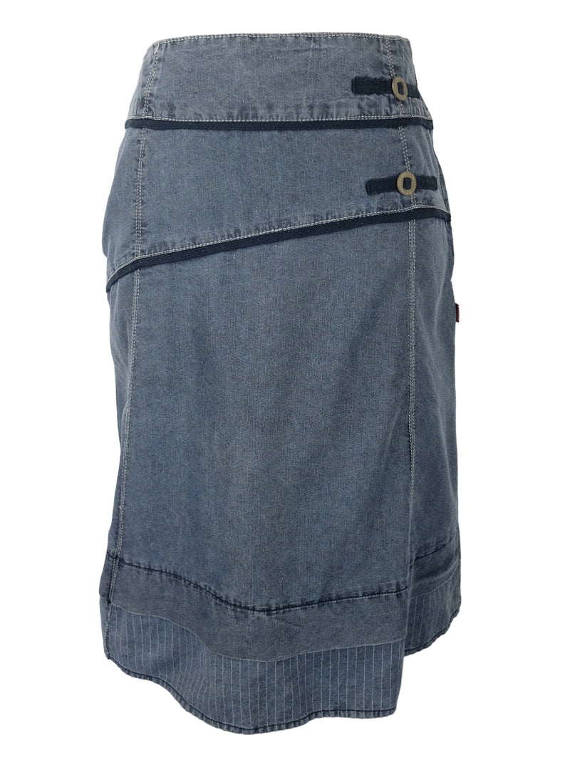 Vintage 2000s Y2K Soft Grunge Bohemian Subversive Medium Wash Blue Denim Below-the-Knee Midi Skirt | Size S