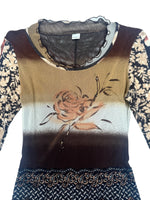 Vintage 2000s Y2K Brown Floral & Striped Mesh Midi Dress With Knit Long Sleeves | Size M