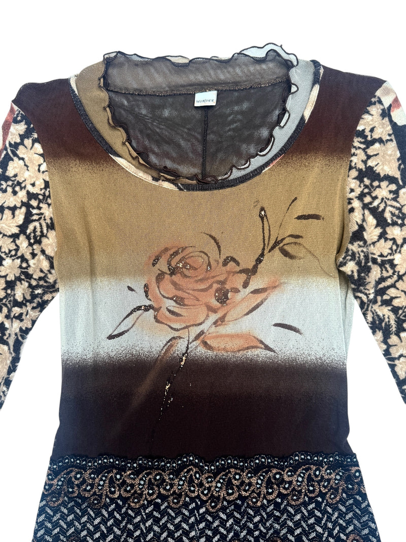 Vintage 2000s Y2K Brown Floral & Striped Mesh Midi Dress With Knit Long Sleeves | Size M