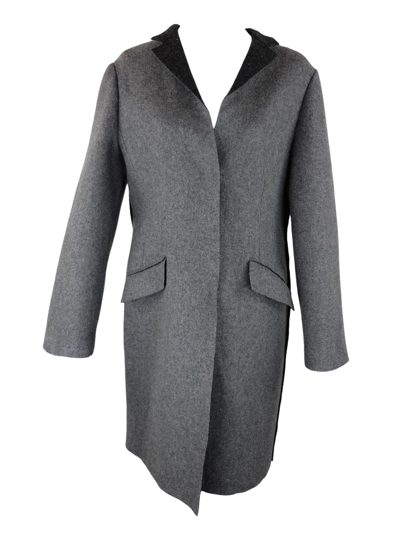 Vintage 2000s Y2K Moschino Designer Minimalist Chic Grey Wool Blend Felt Collared Clasp Closure Knee Length Trench Coat | Size S-M