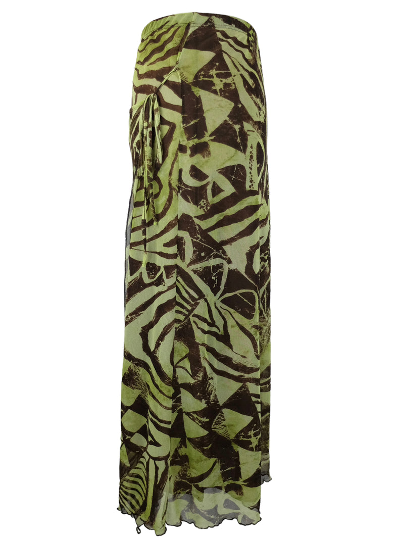 Vintage 2000s Y2K Bohemian Hippie Green & Brown Abstract Patterned Mesh Maxi Skirt with Lettuce Hem | 30 Inch Waist