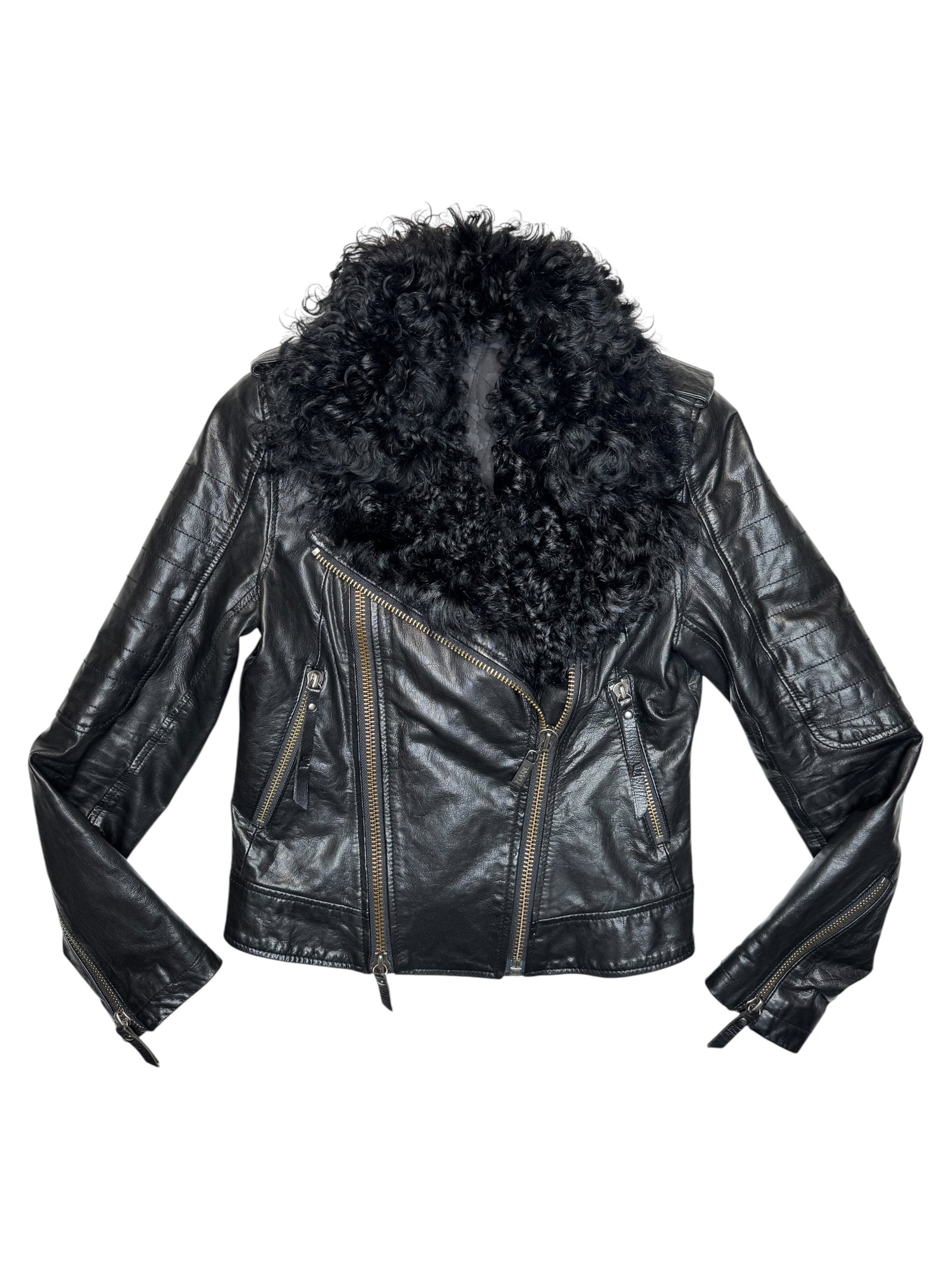 2010s KARL LAGERFELD AW 2012 Goat Leather & Sheepskin Black Moto Jacket with Shearling Collar | Size XS-S